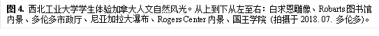 图4. bat365官方网站登录入口学生体验加拿大人文自然风光。从上到下从左至右：白求恩雕像、Robarts图书馆内景、多伦多市政厅、尼亚加拉大瀑布、Rogers Center内景、国王学院 (拍摄于2018. 07. 多伦多)。